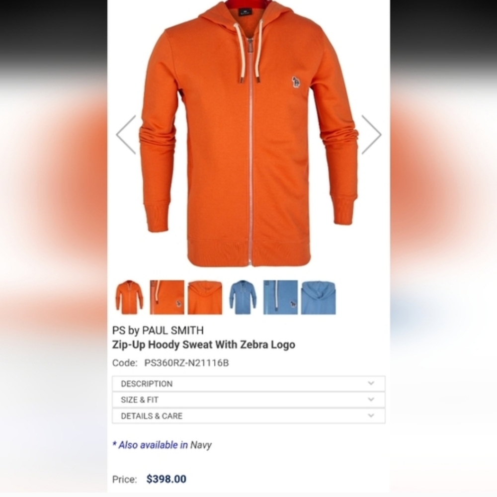 Men's Paul Smith Orange Classic Zip Up Hooded Sweatshirt - Size M Like New - Picture 7 of 8